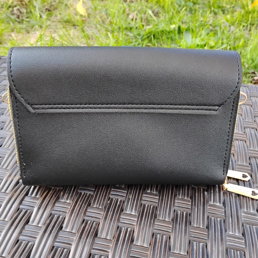 Forever Lovely Large Black Vegan Leather Wallet Clutch Gold Accents By Madley
